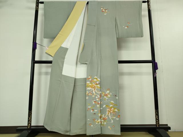 平和屋本店●極上 銀座 志ま亀 訪問着 御所車吉祥花文 青磁鼠色 縮緬地 たとう紙付き 逸品 DZAB9746kh6