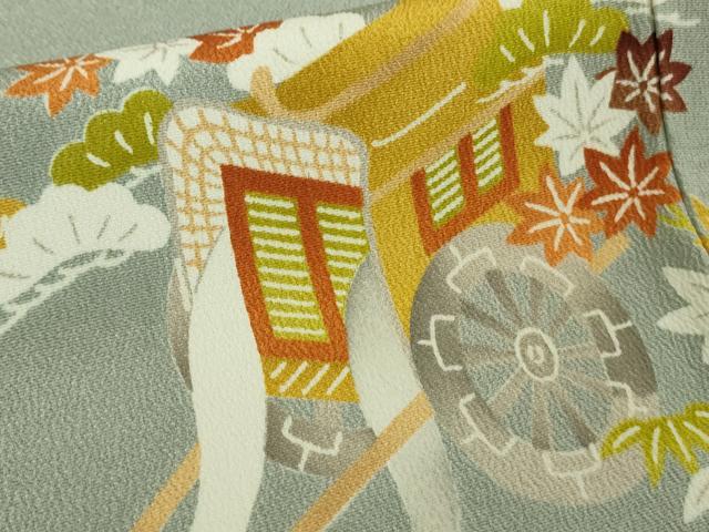 平和屋本店●極上 銀座 志ま亀 訪問着 御所車吉祥花文 青磁鼠色 縮緬地 たとう紙付き 逸品 DZAB9746kh6