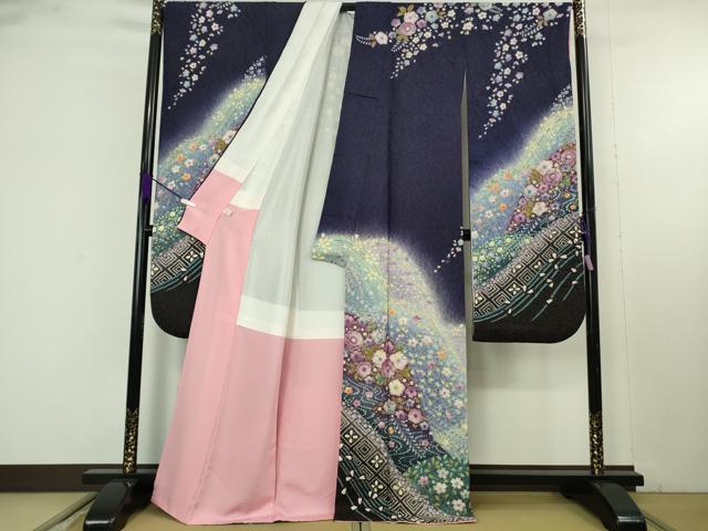 平和屋本店●極上 振袖・長襦袢(無双仕立て・半衿刺繍)セット 小寺義一作 辻が花 暈し染め 金通し地 逸品 DZAB9750kh6