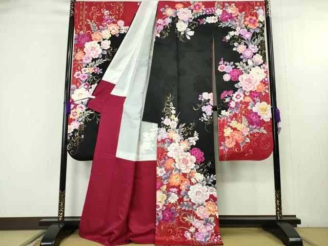 平和屋本店●極上 森英恵・HANAE MORI 振袖 刺繍 草花文 黒地 金糸 逸品 DZAB9751kh6