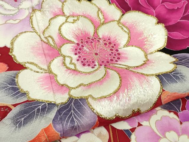 平和屋本店●極上 森英恵・HANAE MORI 振袖 刺繍 草花文 黒地 金糸 逸品 DZAB9751kh6