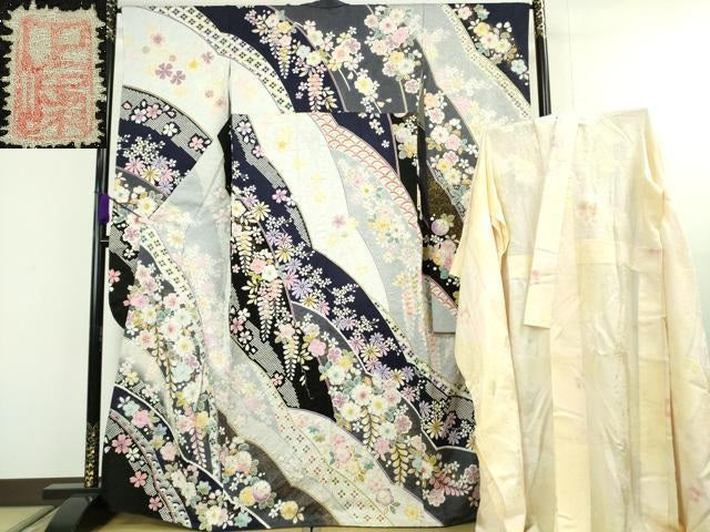 平和屋本店●極上 越後十日町の一流染匠 桐屋・翠山工房 正峰 振袖・長襦袢セット 金彩 金通し地 京都きもの友禅扱い 逸品 DZAB9754kh6