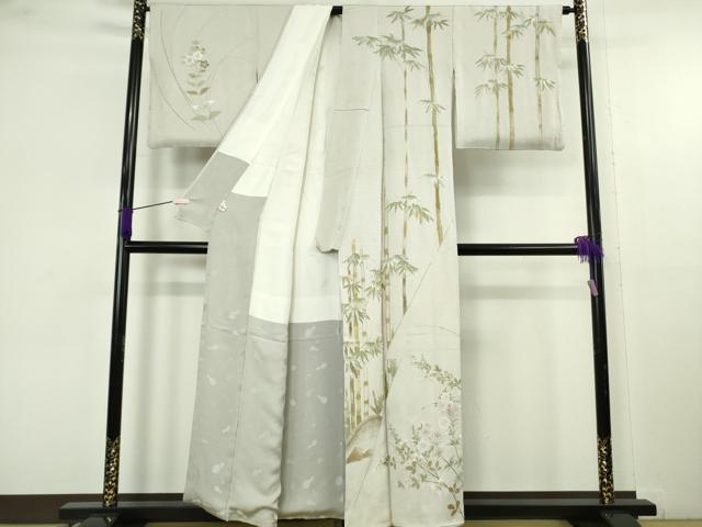 平和屋本店●極上 訪問着 総刺繍 作家物 夢小袖 笹竹 枝花文 灰梅色地 金糸 逸品 DZAB9762kh6