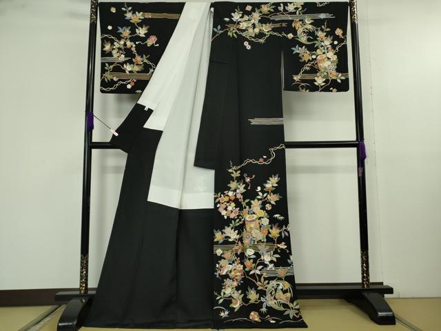 平和屋本店●極上 訪問着 駒刺繍 貝桶 冊子 吉祥花文 黒地 金彩 鬼しぼ縮緬 ロング丈 逸品 DZAB9771kh6