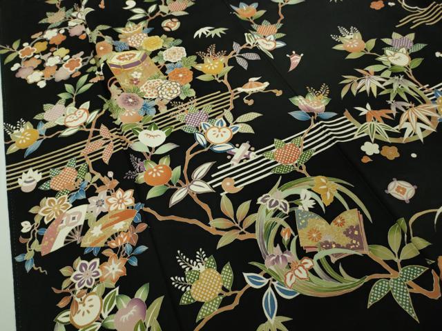 平和屋本店●極上 訪問着 駒刺繍 貝桶 冊子 吉祥花文 黒地 金彩 鬼しぼ縮緬 ロング丈 逸品 DZAB9771kh6