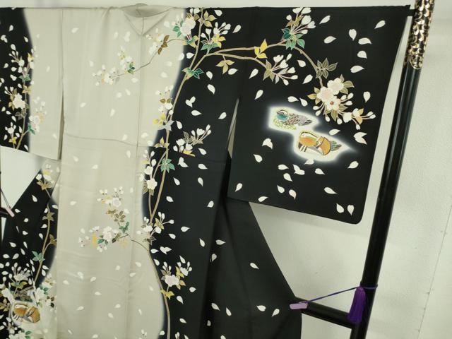 平和屋本店●極上 訪問着 駒刺繍 鴛鴦 枝桜 暈し染め 黒地 金彩 ロング丈 逸品 DZAB9772kh6