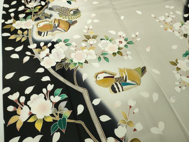 平和屋本店●極上 訪問着 駒刺繍 鴛鴦 枝桜 暈し染め 黒地 金彩 ロング丈 逸品 DZAB9772kh6