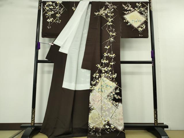 平和屋本店●極上 訪問着 竹垣吉祥花文 黒紅色地 暈し染め 逸品 未使用 DZAB9774kh6
