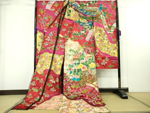 平和屋本店●極上 中国三大刺繍 相良刺繍 総刺繍 絽刺し 色打掛 和装 婚礼 結婚式 花嫁 束ね熨斗花文 金糸 仮絵羽 逸品 未使用 DZAB9799kh6