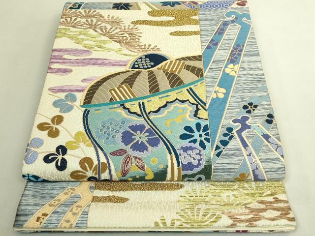 平和屋着物●極上 西陣 白綾苑大庭 六通柄袋帯 唐織 吉祥文 金糸 逸品 DZAB9842kh6