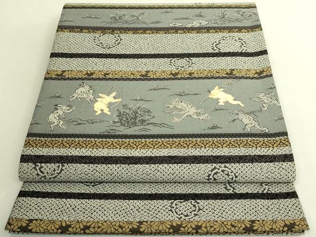 平和屋着物●極上 螺鈿作家 藤本隆士 全通柄袋帯 遊織紹巴 鳥獣戯画 金彩 逸品 DZAB9849kh6
