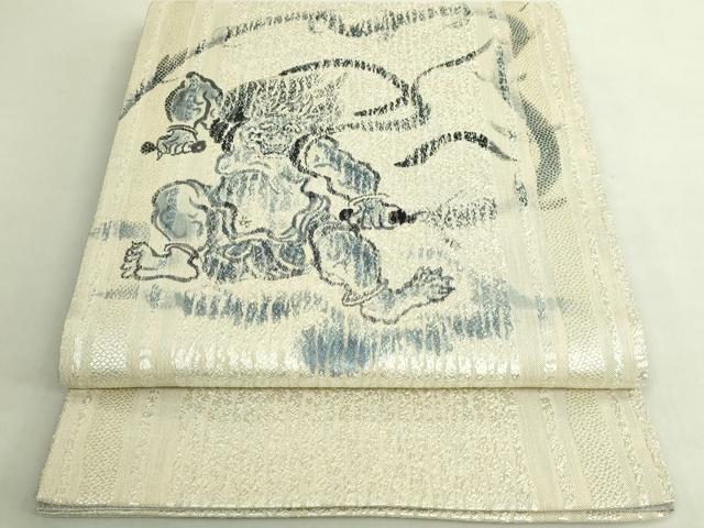 平和屋着物●極上 両面 太鼓柄袋帯 手描き 雷神 藍 金糸 逸品 DZAB9853kh6