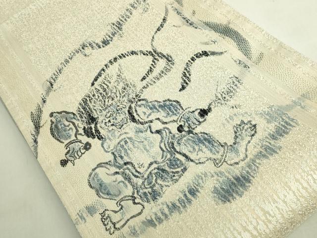 平和屋着物●極上 両面 太鼓柄袋帯 手描き 雷神 藍 金糸 逸品 DZAB9853kh6