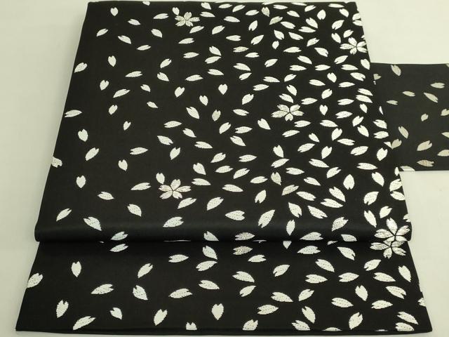 平和屋着物●極上 九寸名古屋帯 唐織 舞桜 黒地 銀糸 逸品 DZAB9896kh6
