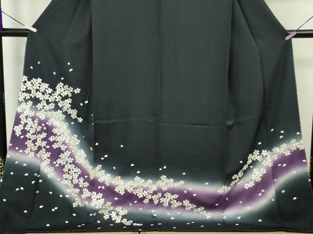 平和屋本店●極上 訪問着 総手刺繍 舞桜 濃紺地 暈し染め 京都きもの友禅扱い 反端付き ロング丈 逸品 未使用 DZAB9933kh6