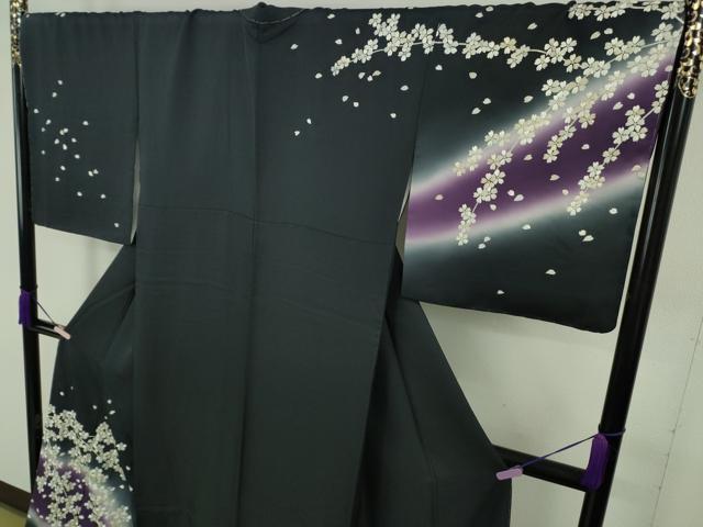 平和屋本店●極上 訪問着 総手刺繍 舞桜 濃紺地 暈し染め 京都きもの友禅扱い 反端付き ロング丈 逸品 未使用 DZAB9933kh6