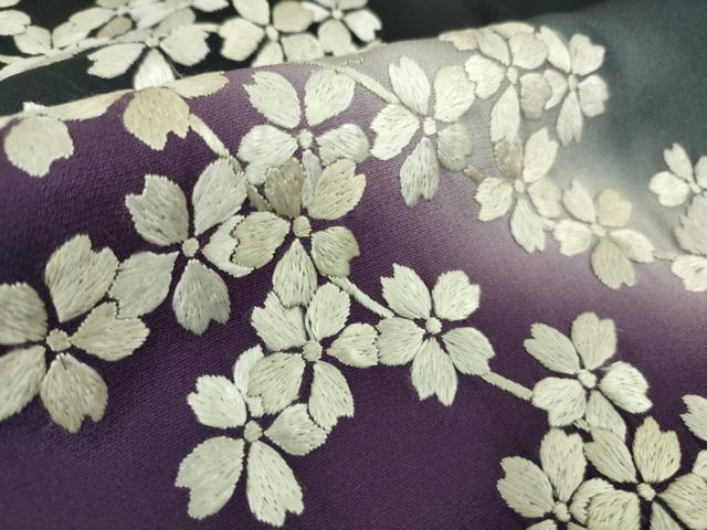平和屋本店●極上 訪問着 総手刺繍 舞桜 濃紺地 暈し染め 京都きもの友禅扱い 反端付き ロング丈 逸品 未使用 DZAB9933kh6