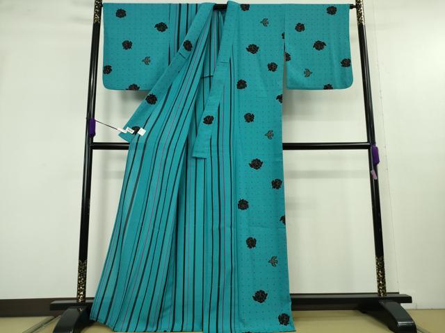 平和屋着物∴極上 撫松庵 セオアルファ 訪問着・浴衣兼用 片身替わり 薔薇 鳥 竹縞 逸品 未使用 DZAC0006kh6