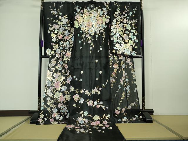 平和屋本店*極上 夏物 お引きずり・お引き摺り・引き振袖 和装 結婚式 舞妓 芸妓 芸者 衣装 オーガンジー ラメ 黒地 金彩 逸品DZAC0100kh6