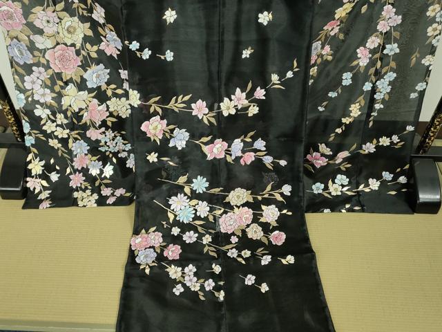 平和屋本店*極上 夏物 お引きずり・お引き摺り・引き振袖 和装 結婚式 舞妓 芸妓 芸者 衣装 オーガンジー ラメ 黒地 金彩 逸品DZAC0100kh6