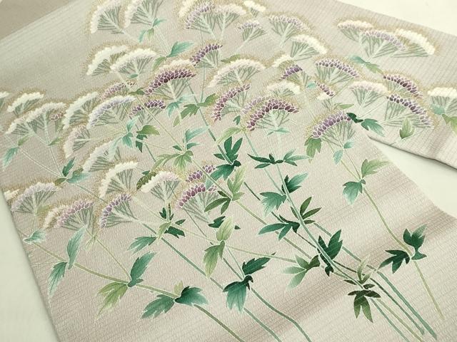 平和屋本店*極上 夏物 東京友禅 手描き 加納知之 九寸名古屋帯 女郎花 金彩 絽縮緬 薄梅鼠色地 逸品 DZAC0127kh6