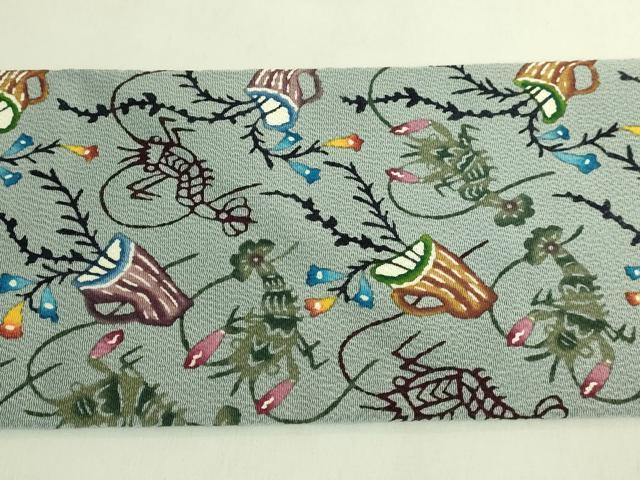 平和屋本店●最高級 城間栄順 本場琉球紅型 九寸名古屋帯 花籠に海老 豆がら茶色地 鬼しぼ縮緬 逸品 DZAC0150kh6
