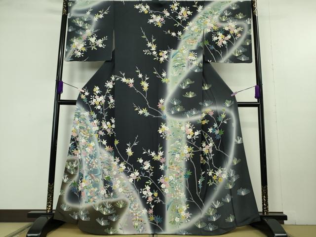 平和屋本店●極上 訪問着 友禅 風景松文 藍鉄色地 暈し染め 逸品 DZAC0207kh6