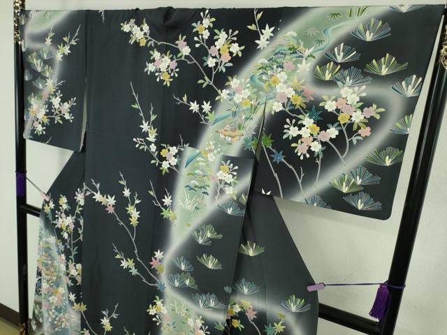 平和屋本店●極上 訪問着 友禅 風景松文 藍鉄色地 暈し染め 逸品 DZAC0207kh6