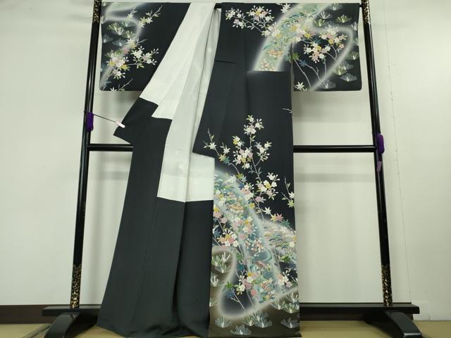 平和屋本店●極上 訪問着 友禅 風景松文 藍鉄色地 暈し染め 逸品 DZAC0207kh6