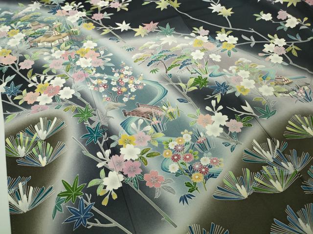 平和屋本店●極上 訪問着 友禅 風景松文 藍鉄色地 暈し染め 逸品 DZAC0207kh6