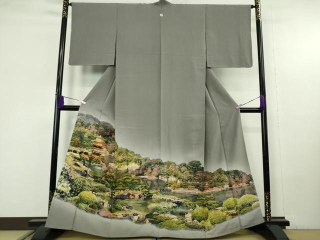 平和屋本店●極上 中国国宝刺繍 乱針刺繍 色留袖 総手刺繍 京都 金閣寺 灰色地 鈴乃屋扱い 逸品 DZAC0209kh6