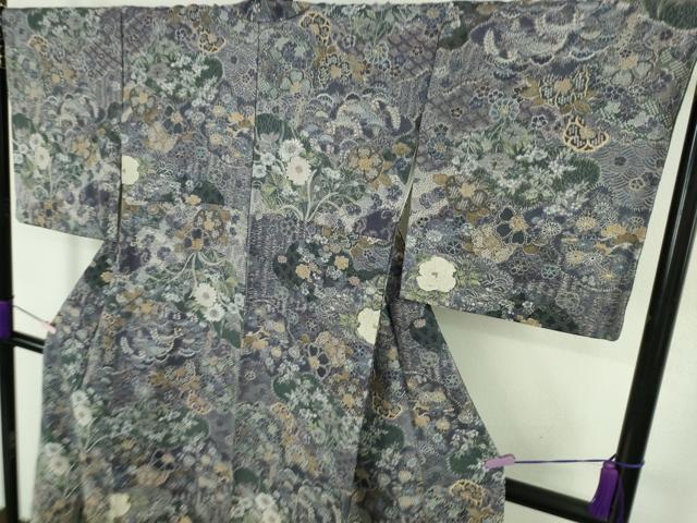 平和屋本店●極上 山岡古都・古都染人 染織美術品 薬墨染 天目織 お召 草花文 逸品 DZAC0211kh6