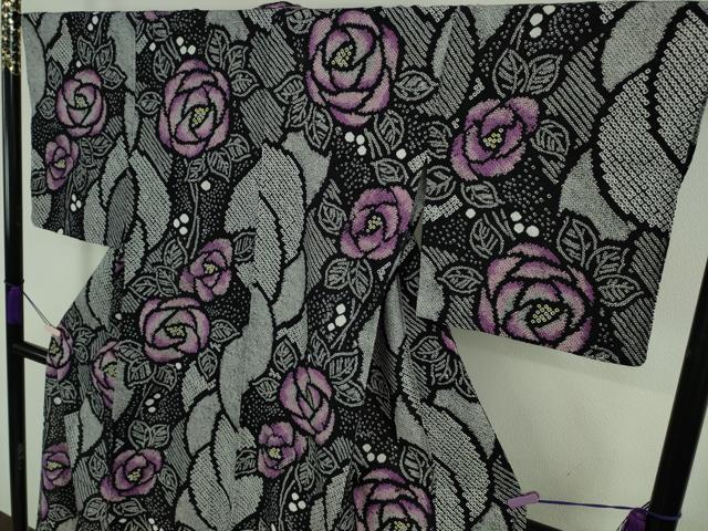 平和屋本店∴極上 夏物 浴衣 有松鳴海絞り 薔薇 バラ 黒地 綿 逸品 DZAC0215kh6
