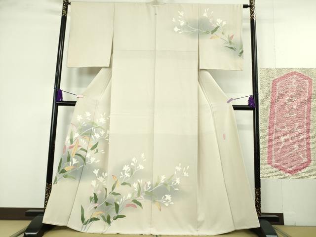 平和屋本店●極上 本加賀友禅作家 成竹登茂男 訪問着 枝花文 亜麻色地 暈し染め 逸品 DZAC0238kh6