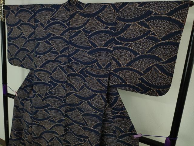 平和屋本店●極上 浦野理一 型染 紬 青海波 逸品 未使用 DZAC0246kh6