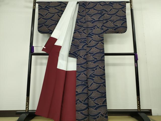 平和屋本店●極上 浦野理一 型染 紬 青海波 逸品 未使用 DZAC0246kh6