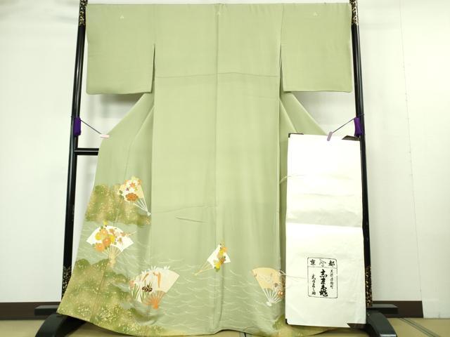 平和屋本店●極上 銀座 志ま亀 色留袖 扇面花文 若葉色地 金彩 鬼しぼ縮緬 たとう紙付き 逸品 DZAC0269kh6