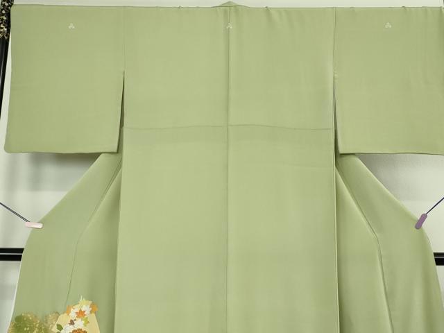 平和屋本店●極上 銀座 志ま亀 色留袖 扇面花文 若葉色地 金彩 鬼しぼ縮緬 たとう紙付き 逸品 DZAC0269kh6
