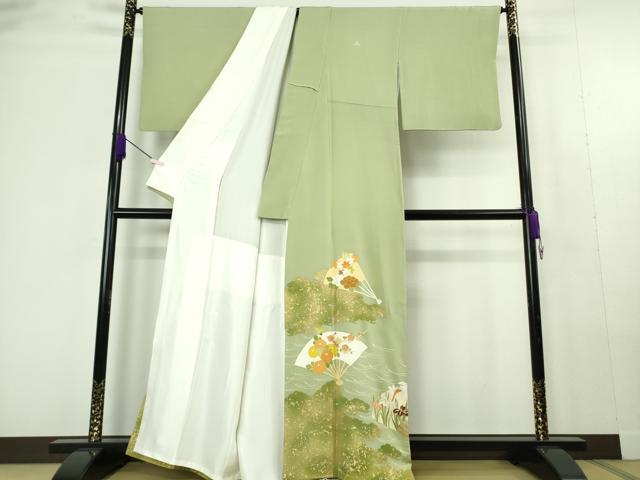 平和屋本店●極上 銀座 志ま亀 色留袖 扇面花文 若葉色地 金彩 鬼しぼ縮緬 たとう紙付き 逸品 DZAC0269kh6