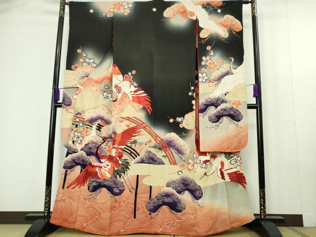 平和屋本店●極上 アンティーク 大正ロマン 振袖 駒刺繍 手刺繍 立波飛鶴松文 暈し染め 黒地 金糸 逸品 DZAC0271kh6