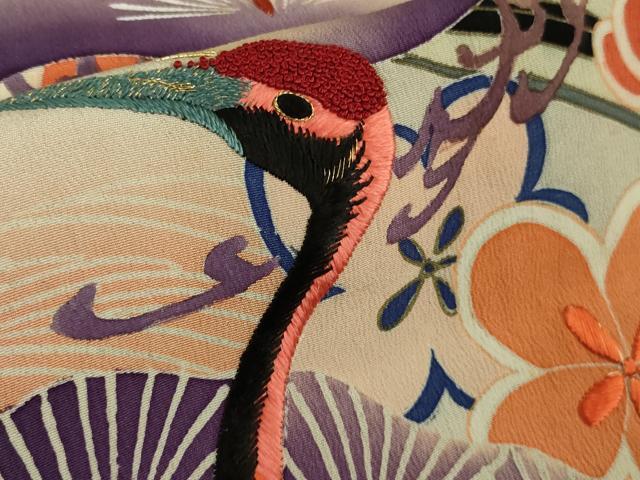 平和屋本店●極上 アンティーク 大正ロマン 振袖 駒刺繍 手刺繍 立波飛鶴松文 暈し染め 黒地 金糸 逸品 DZAC0271kh6