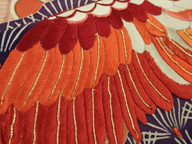 平和屋本店●極上 アンティーク 大正ロマン 振袖 駒刺繍 手刺繍 立波飛鶴松文 暈し染め 黒地 金糸 逸品 DZAC0271kh6