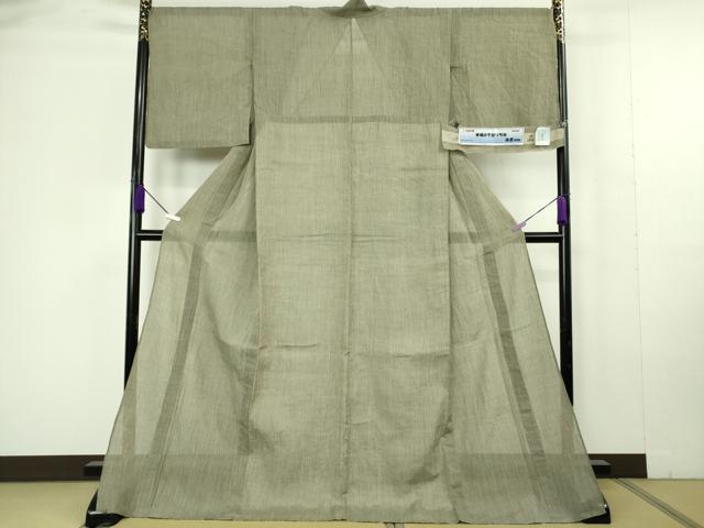 平和屋本店*極上 夏物 本場小千谷ちぢみ 麻 縞 杉山織物謹製 利休色地 ロング丈 証紙付き 逸品 DZAC0281kh6