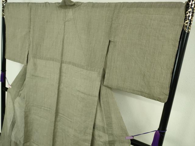 平和屋本店*極上 夏物 本場小千谷ちぢみ 麻 縞 杉山織物謹製 利休色地 ロング丈 証紙付き 逸品 DZAC0281kh6