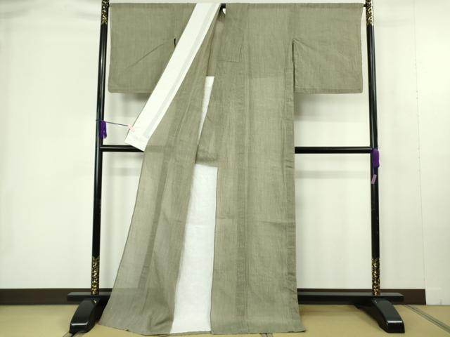 平和屋本店*極上 夏物 本場小千谷ちぢみ 麻 縞 杉山織物謹製 利休色地 ロング丈 証紙付き 逸品 DZAC0281kh6