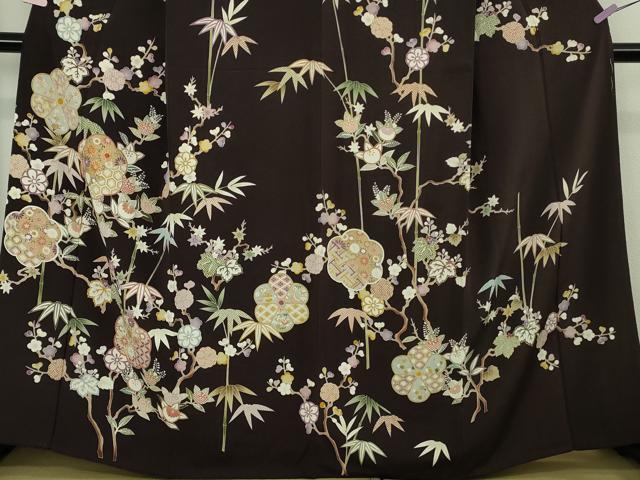 平和屋本店●極上 訪問着 駒刺繍 吉祥花文 黒紅色地 鬼しぼ縮緬 逸品 DZAC0287kh6