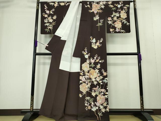 平和屋本店●極上 訪問着 駒刺繍 吉祥花文 黒紅色地 鬼しぼ縮緬 逸品 DZAC0287kh6