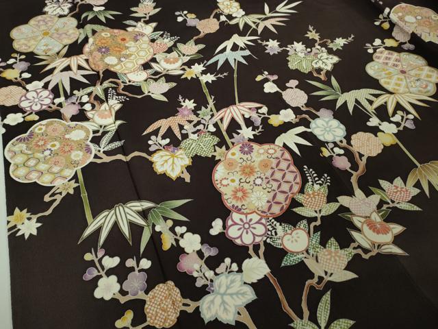 平和屋本店●極上 訪問着 駒刺繍 吉祥花文 黒紅色地 鬼しぼ縮緬 逸品 DZAC0287kh6