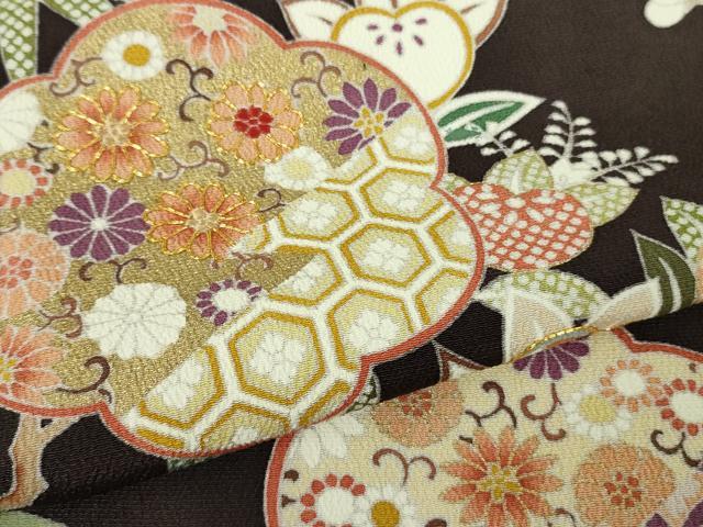 平和屋本店●極上 訪問着 駒刺繍 吉祥花文 黒紅色地 鬼しぼ縮緬 逸品 DZAC0287kh6