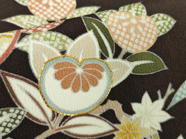 平和屋本店●極上 訪問着 駒刺繍 吉祥花文 黒紅色地 鬼しぼ縮緬 逸品 DZAC0287kh6